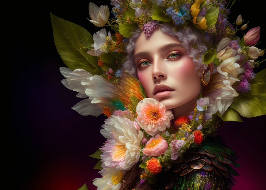 Portrait of Person with Pale Skin and Blue Eyes Wearing Colorful Flower Headdress on Dark Background