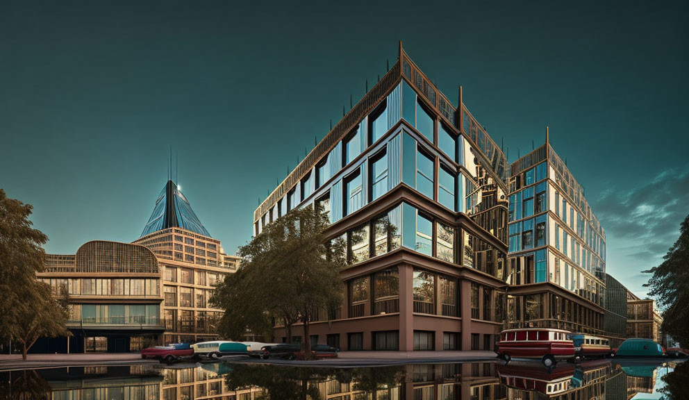 Reflective glass facade office building at twilight with vintage cars on tree-lined street