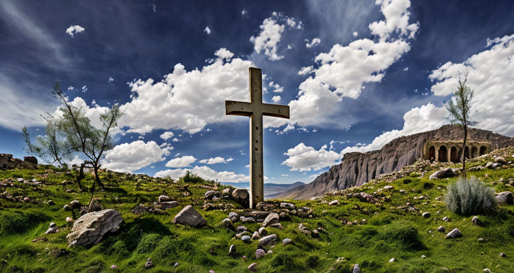 Wooden cross in rugged landscape with green grass and dynamic skies