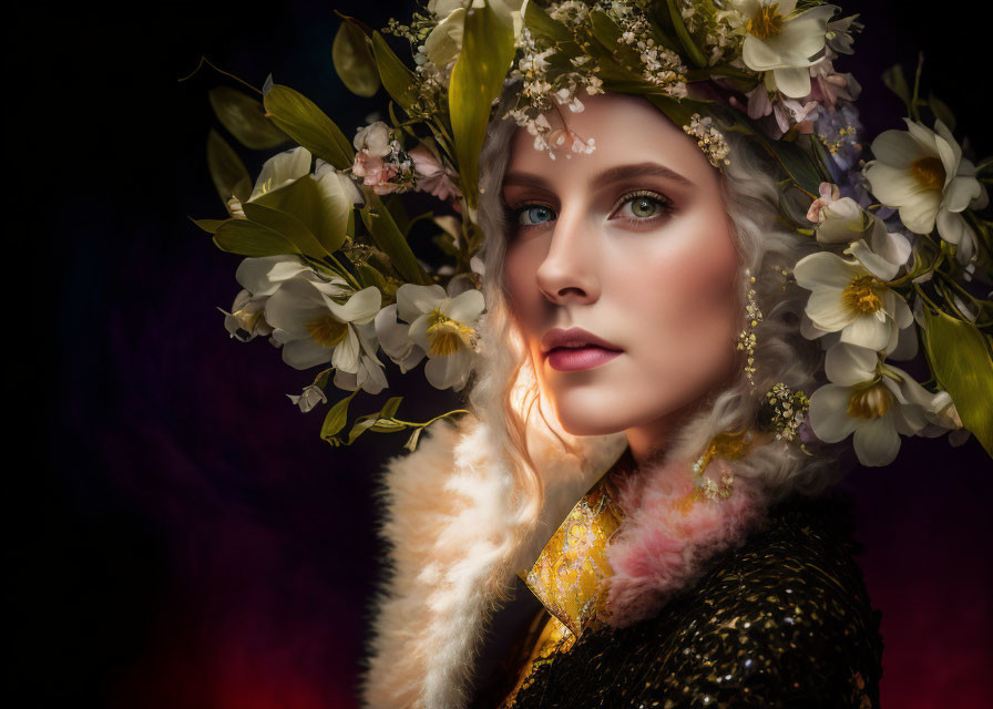 Woman with Floral Crown and Fur Collar in Intense Gaze