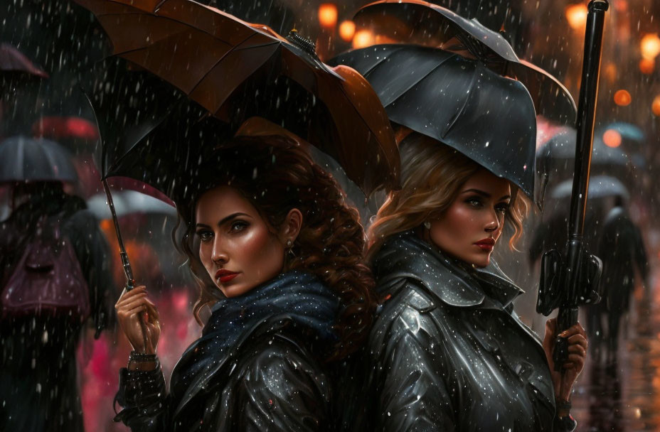 Two women with umbrellas on rainy city street at night.