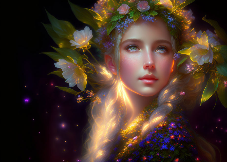 Fantasy portrait of woman with golden hair and floral crown in magical setting