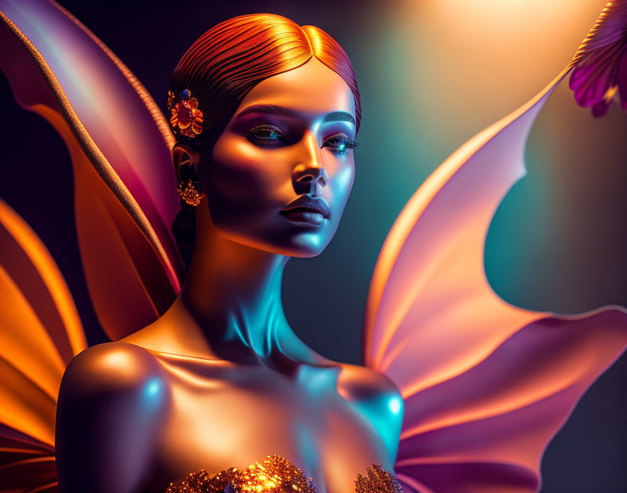 Woman with Butterfly Wings and Golden Hair Accessories on Warm Gradient Background