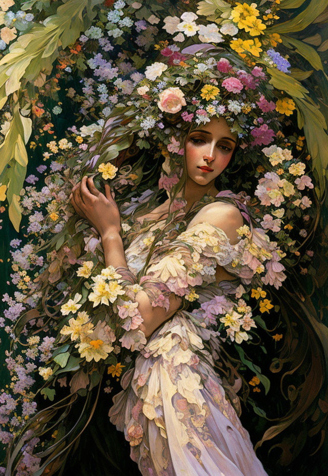 Woman in floral wreath surrounded by flowers in serene gaze