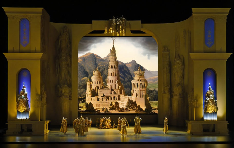 Regal theatrical stage set with golden statues and castle backdrop