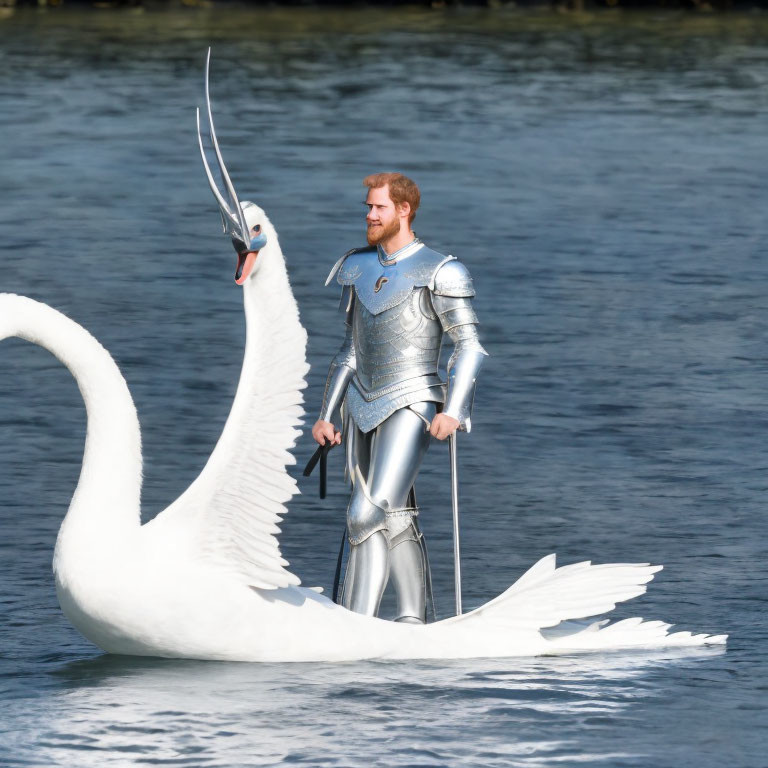 Person in shining armor on swan-shaped boat with feathered helmet