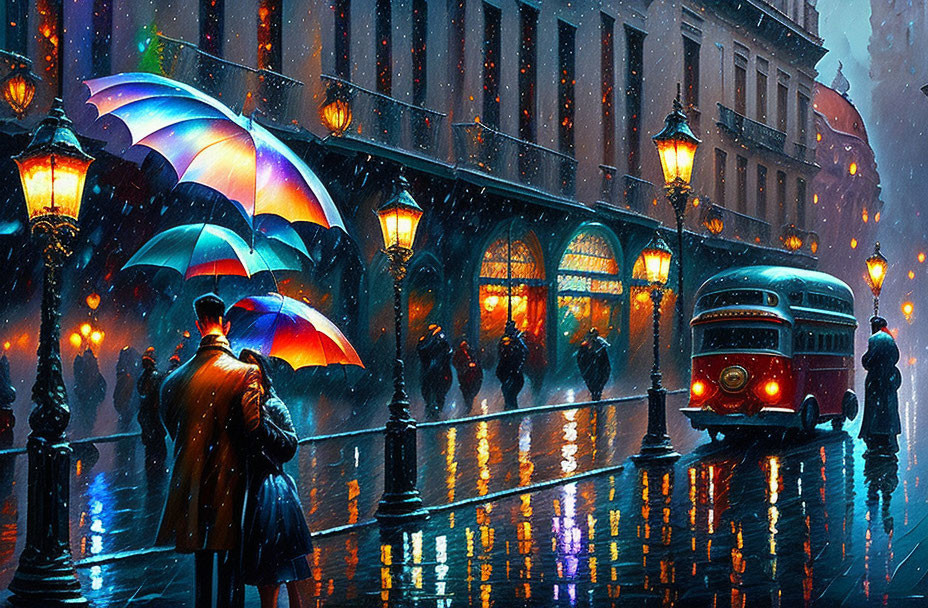 Vibrant umbrellas on colorful, rain-slicked street with vintage red bus and glowing street