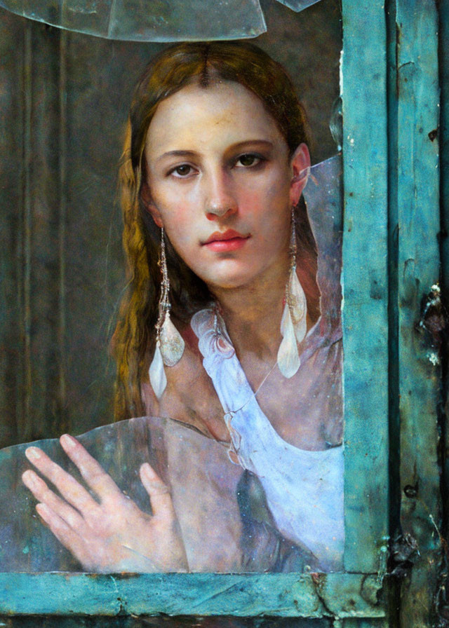 Serene woman looking through misted window with feather earrings