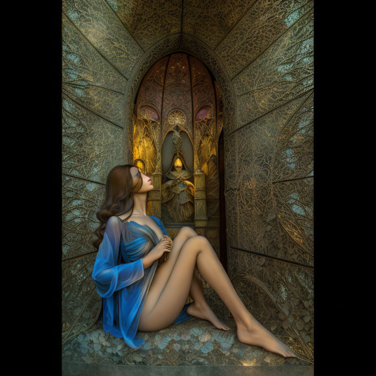 Woman in blue cloth by ornate door in dimly lit setting