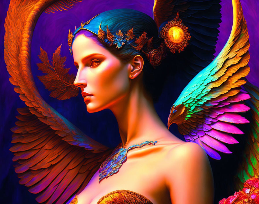 Colorful artwork featuring woman with ornate headdress, autumn leaves, and vibrant bird wings