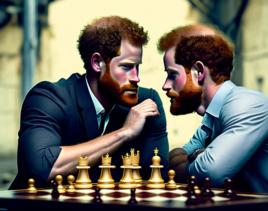 Two men with red hair in contemplative poses playing chess.