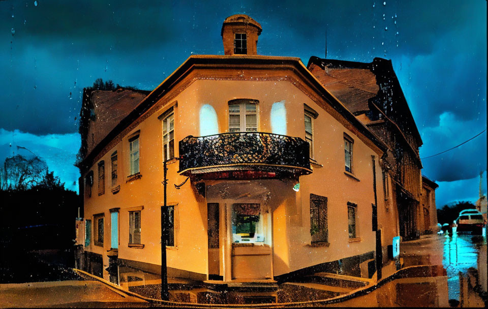 Rounded facade two-story building on rainy evening