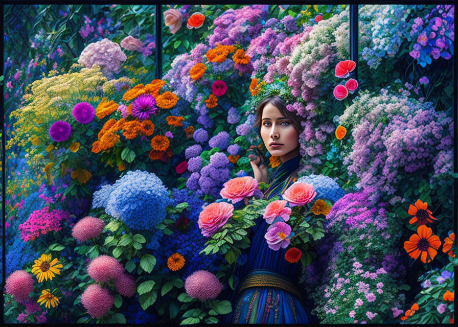 Woman Surrounded by Colorful Flowers in a Thoughtful Pose