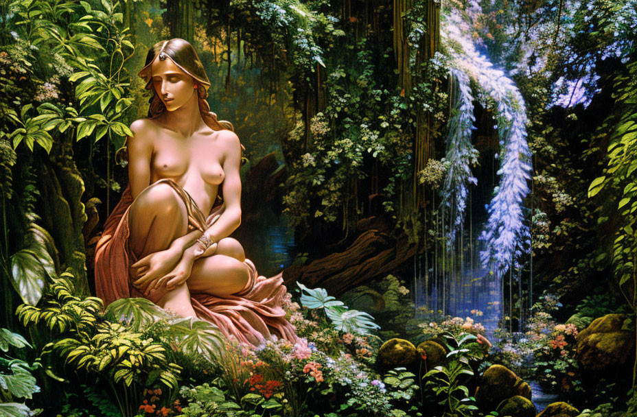 Woman sitting in lush forest with waterfall background, draped in pink cloth.