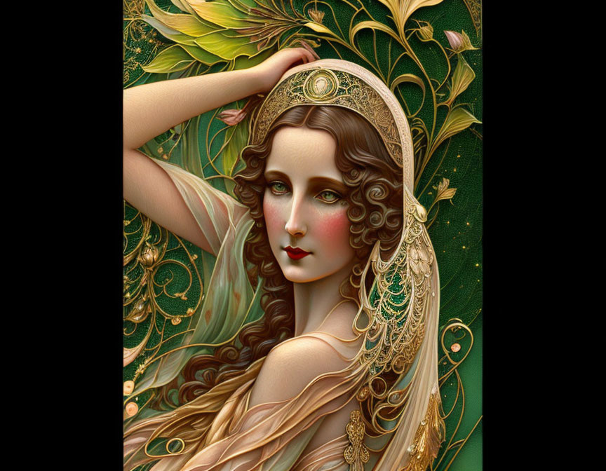 Detailed illustration of woman with flowing hair, ornate headpiece, surrounded by leaf and peacock motifs