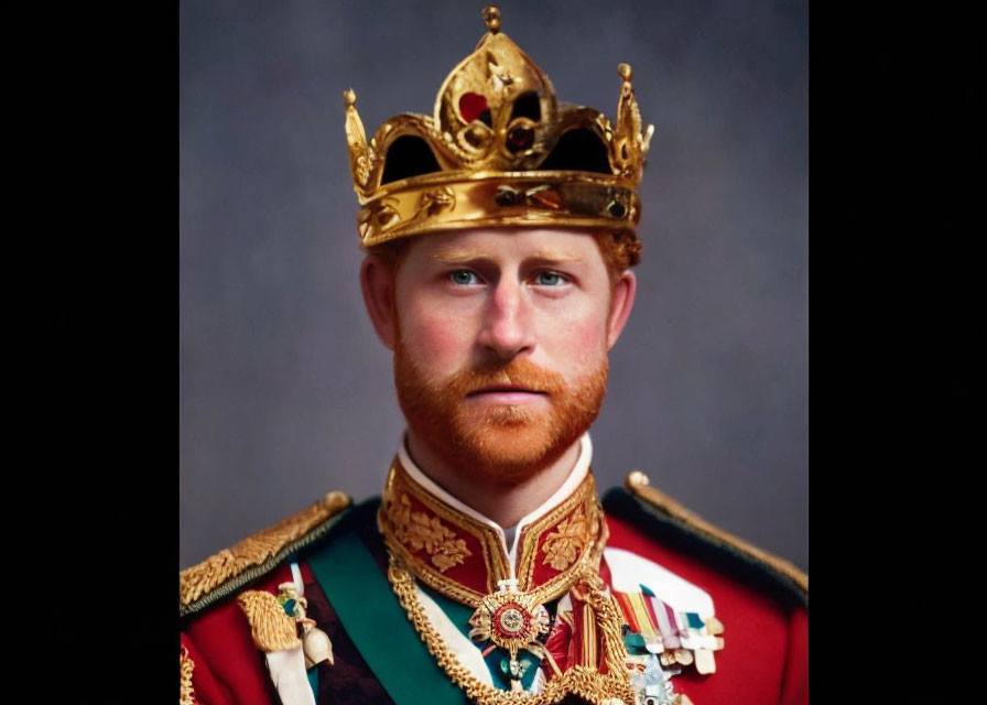 Ceremonial military attire with medals and golden crown