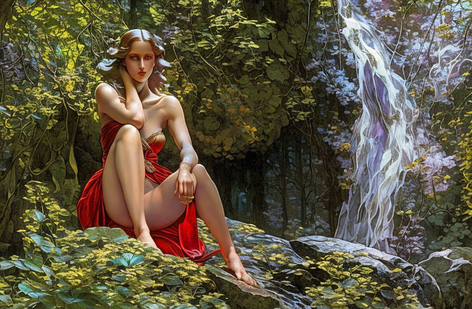 Illustrated woman in red dress in lush forest with mystical light.