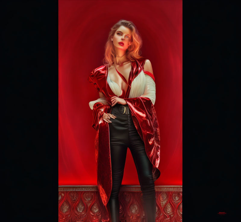 Confident woman with voluminous hair in red jacket against ornate red backdrop