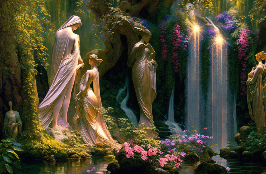 Three Graceful Figures in Flowing Dresses in Lush Forest