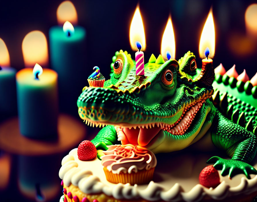 Detailed Green Alligator with Birthday Candles Holding Cupcake amid Lit Candles