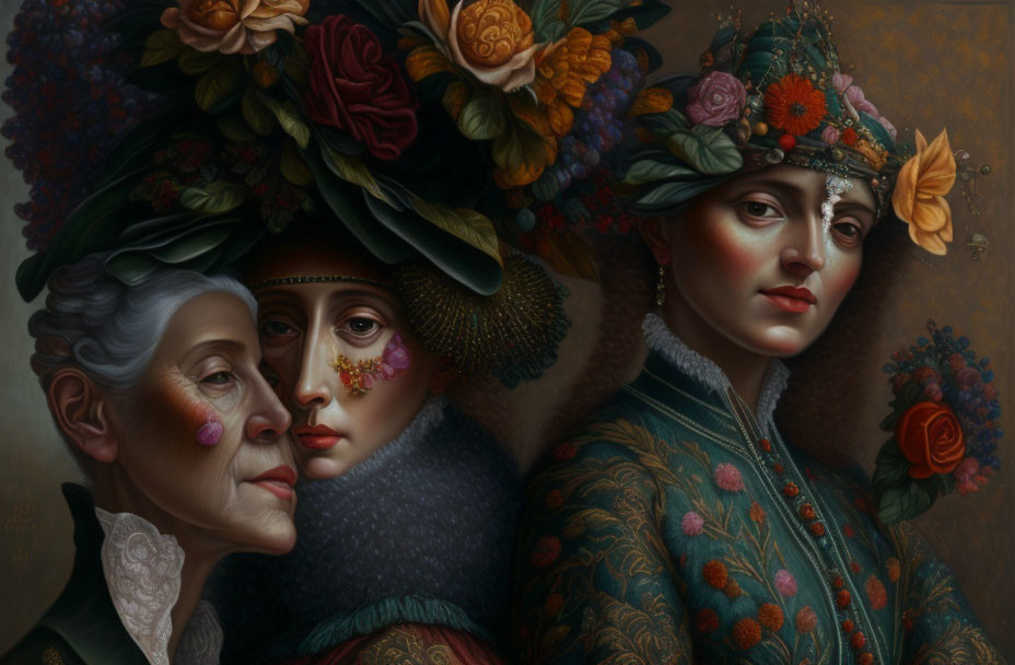 Portrait-style paintings of women in floral hats with evocative expressions.