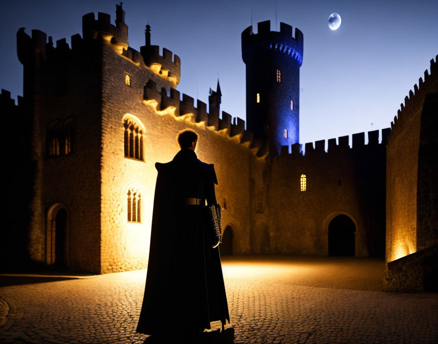 Silhouetted figure at illuminated medieval castle under crescent moon