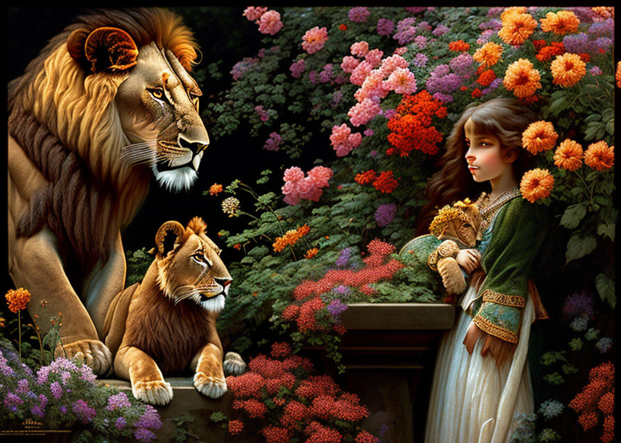 Illustration: Young girl with lions in vibrant garden