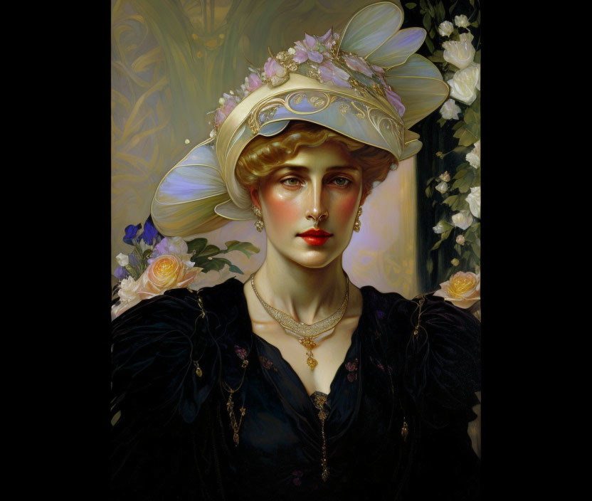 Portrait of a woman in floral hat with golden hair and delicate necklace on flower background