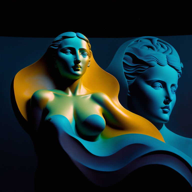 Sculpted figures with flowing wave form, blue and orange lighting on dark background