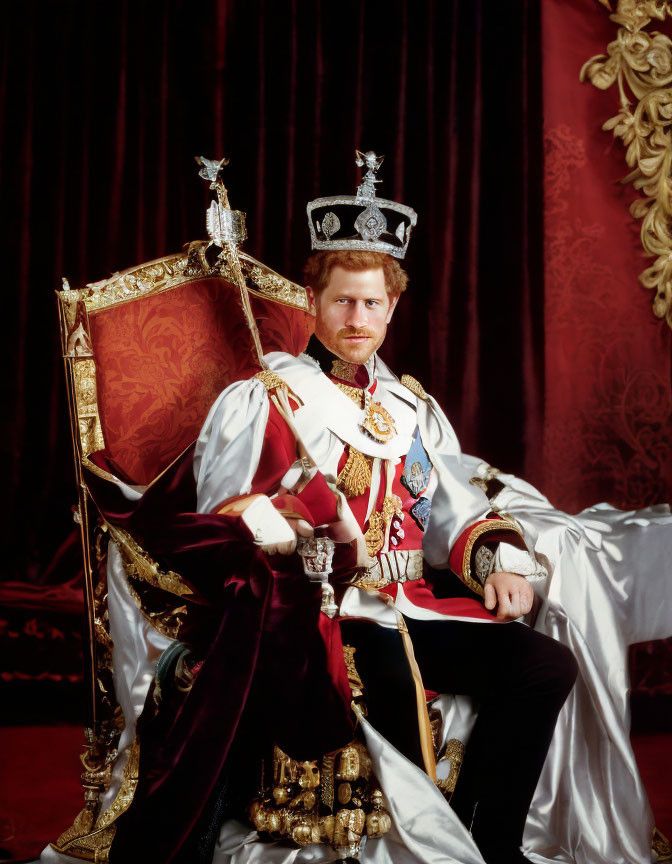 Regal man in crown and sash on throne with scepter in red and gold setting