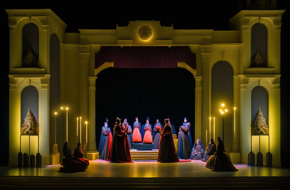 Historical costume performers on illuminated stage with candles and starry backdrop