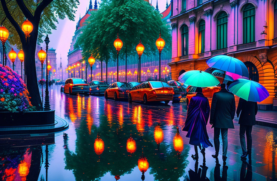 Vibrant rainy evening street scene with illuminated lamps, umbrellas, and reflective cars