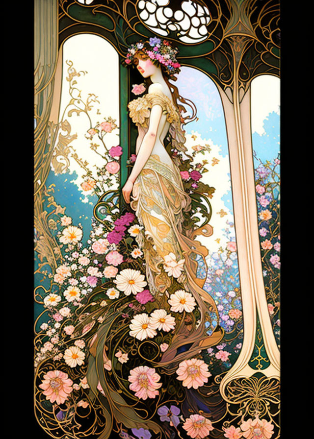 Art Nouveau Woman with Floral Garland and Lush Flowers