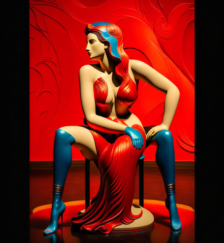 Seated female figure with blue hair and red attire on swirling red background