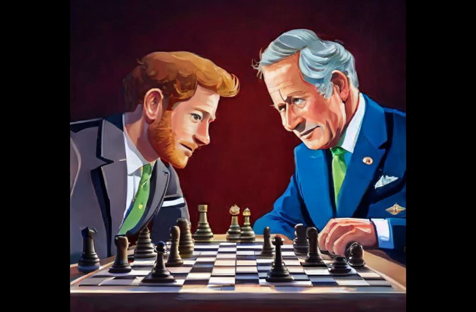 Illustrated figures in royal attire play chess on dark background