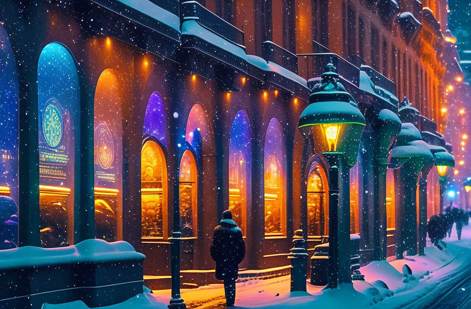 Twilight snow-covered sidewalk with glowing windows