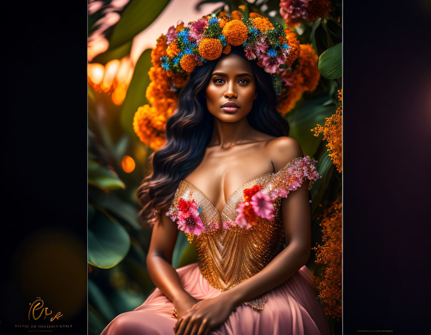 Woman with floral crown in peach dress surrounded by vibrant flowers