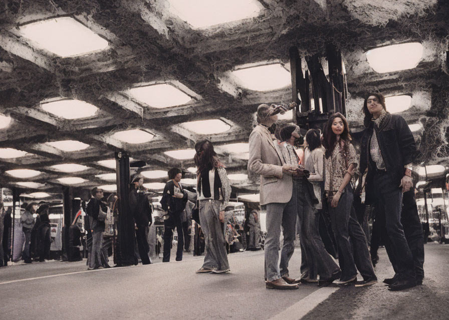 Vintage Clothing Group Conversing in Busy Underground Station