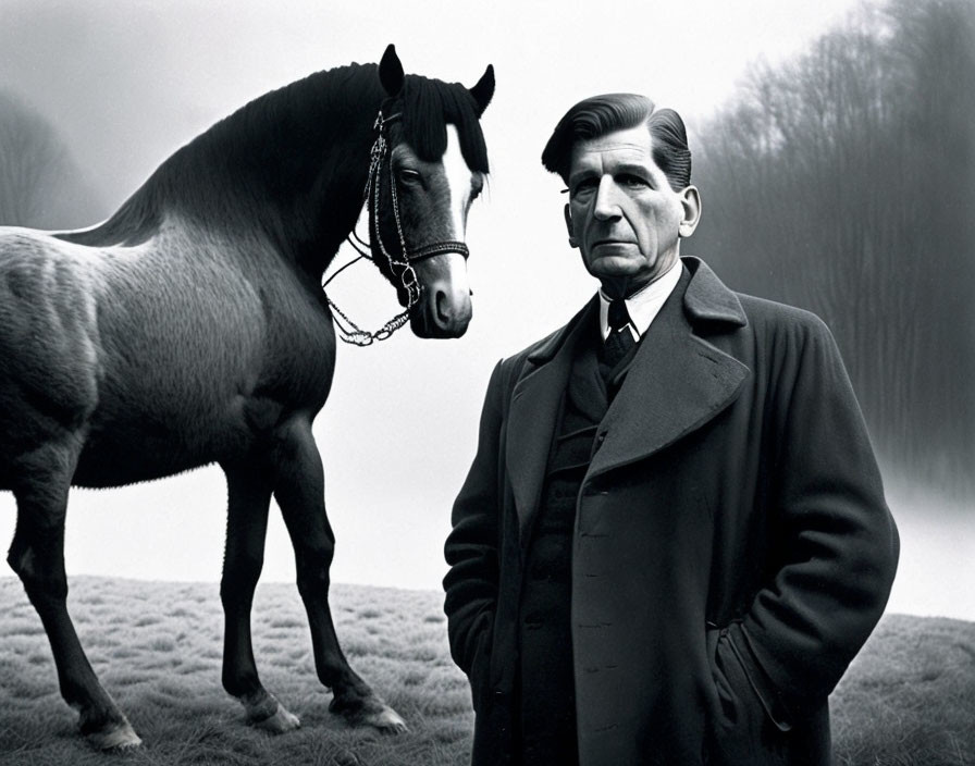 Monochrome image of man in field with horse and foggy background