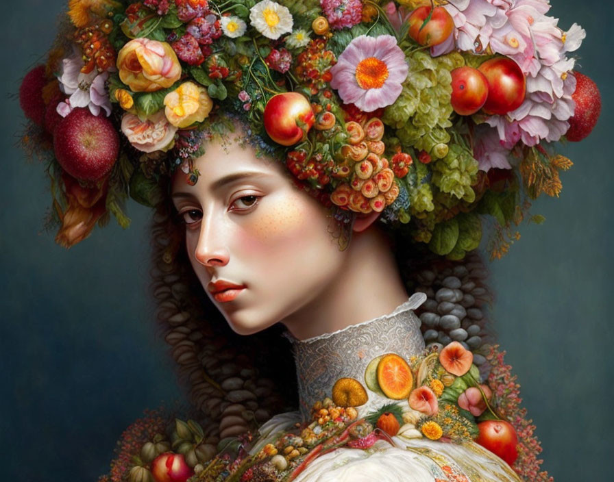 Woman wearing colorful fruit, flower, and leaf headdress on dark background