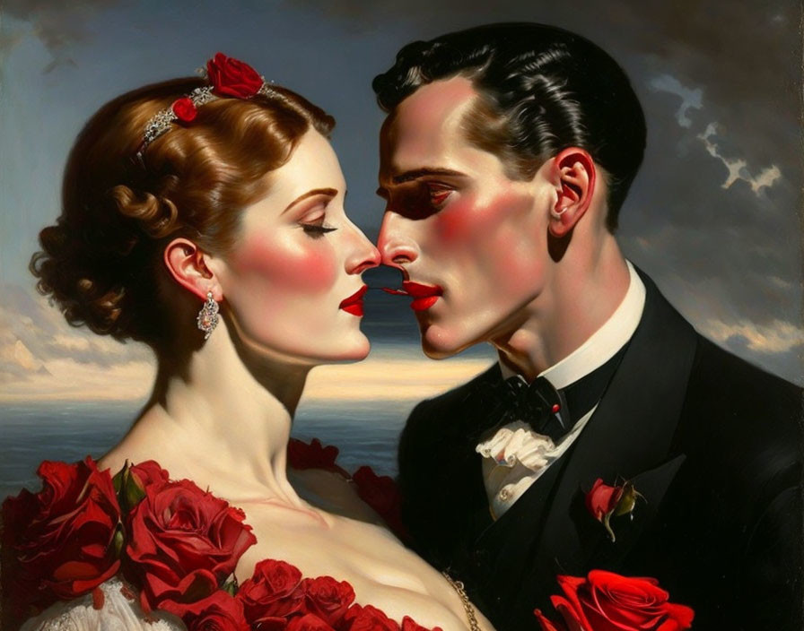 Romantic couple painting with roses and formal attire against cloudy sky