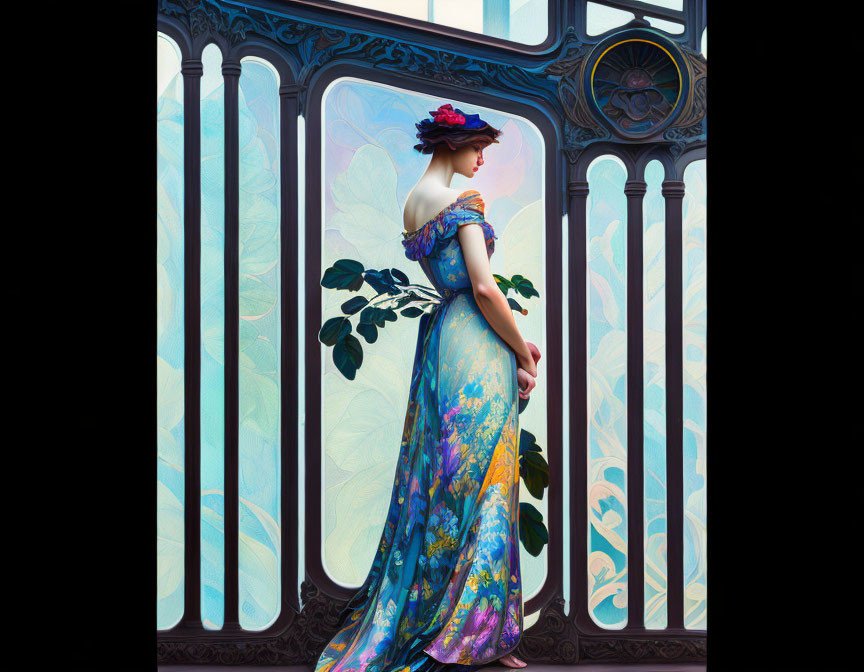 Woman in floral dress by stained-glass window gazes outside.