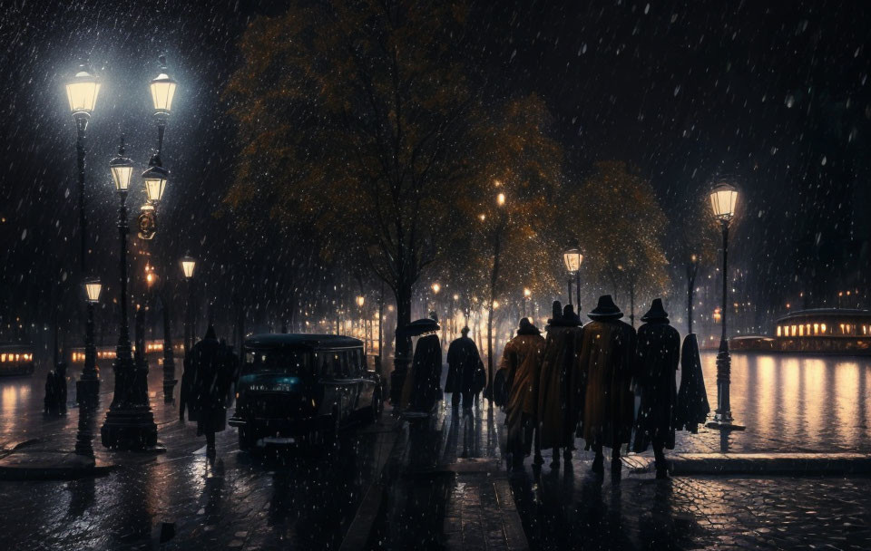 Urban night scene with people walking under street lamps on wet pavement, snow falling gently.