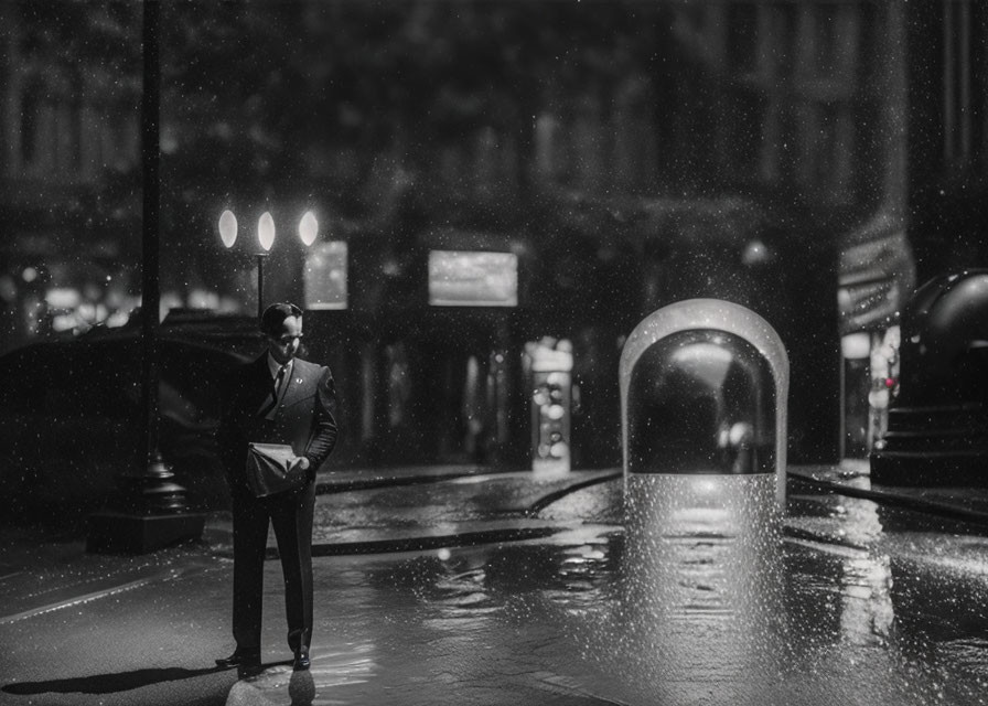 Businessperson in suit with briefcase on wet night street with glowing tunnel entrance.