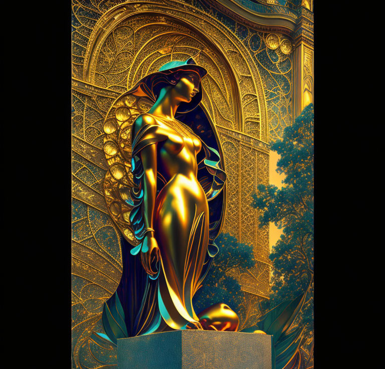 Golden Art Deco Statue of Stylized Woman with Geometric Patterns and Foliage