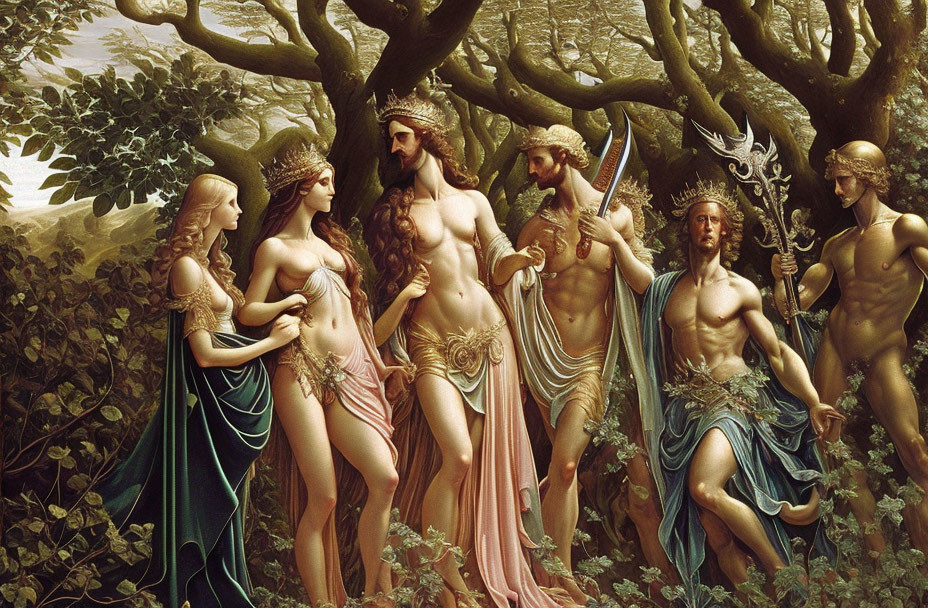 Six Greek deities in lush forest: 3 females in gold, 3 males with trident