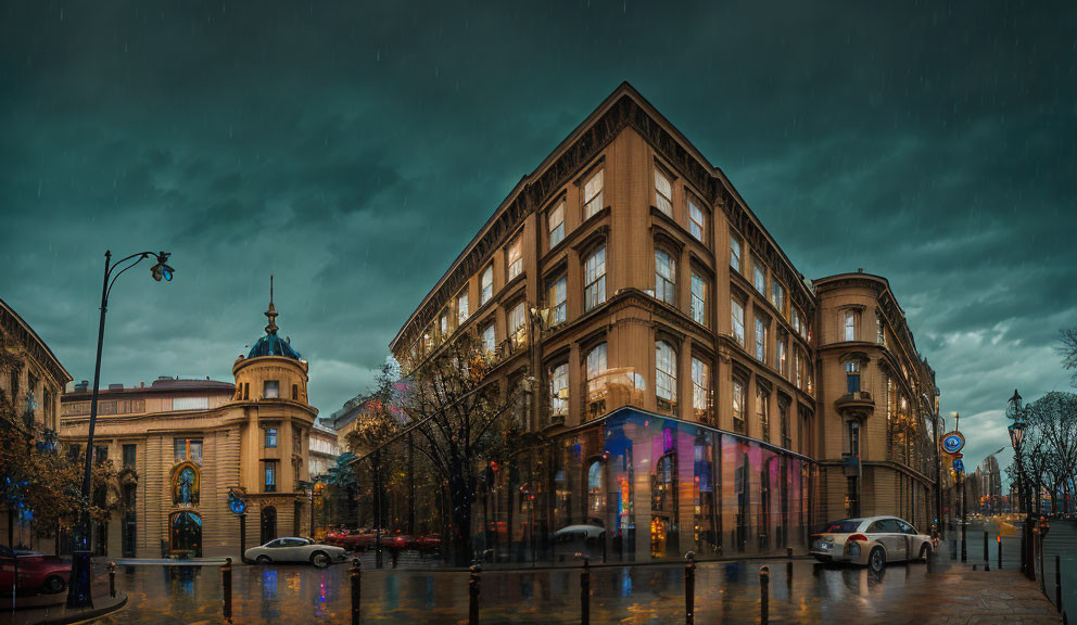 Cityscape at night: Rainy streets, glowing buildings, and dramatic sky