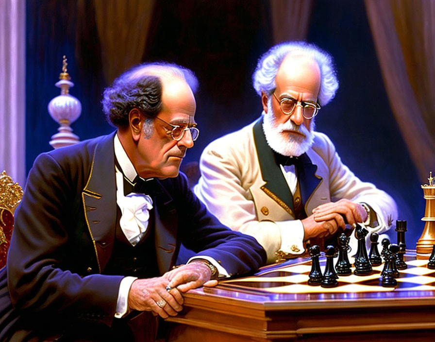 Elderly gentlemen in vintage attire playing chess indoors