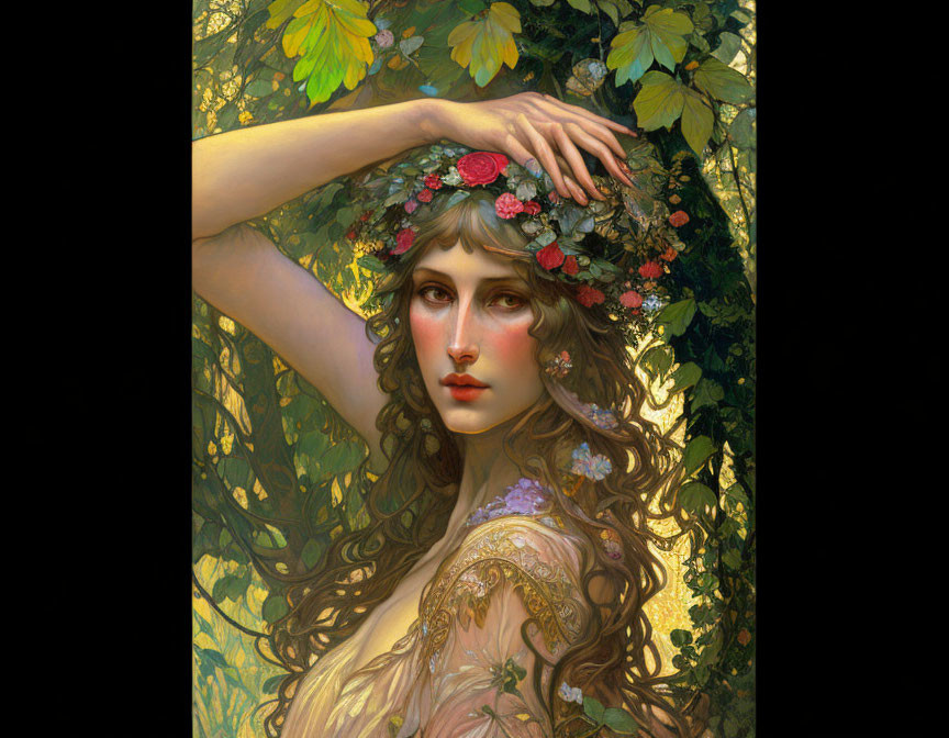 Serene woman with floral wreath in lush greenery and golden glow