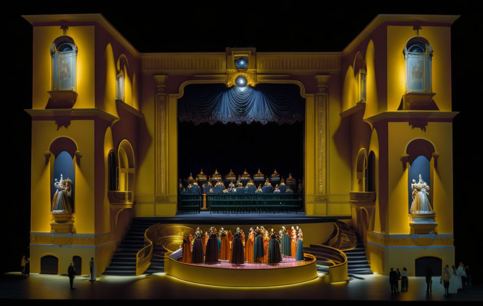 Opulent theater stage with golden statues, historic performers, and audience.